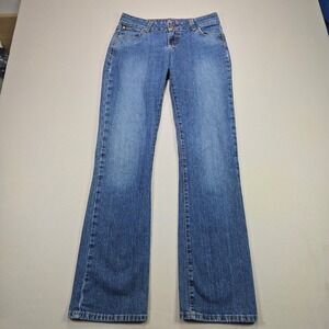 Wrangler Premium Patch Jeans Womens Bootcut Pink Stitch Medium Wash Blue 30x34